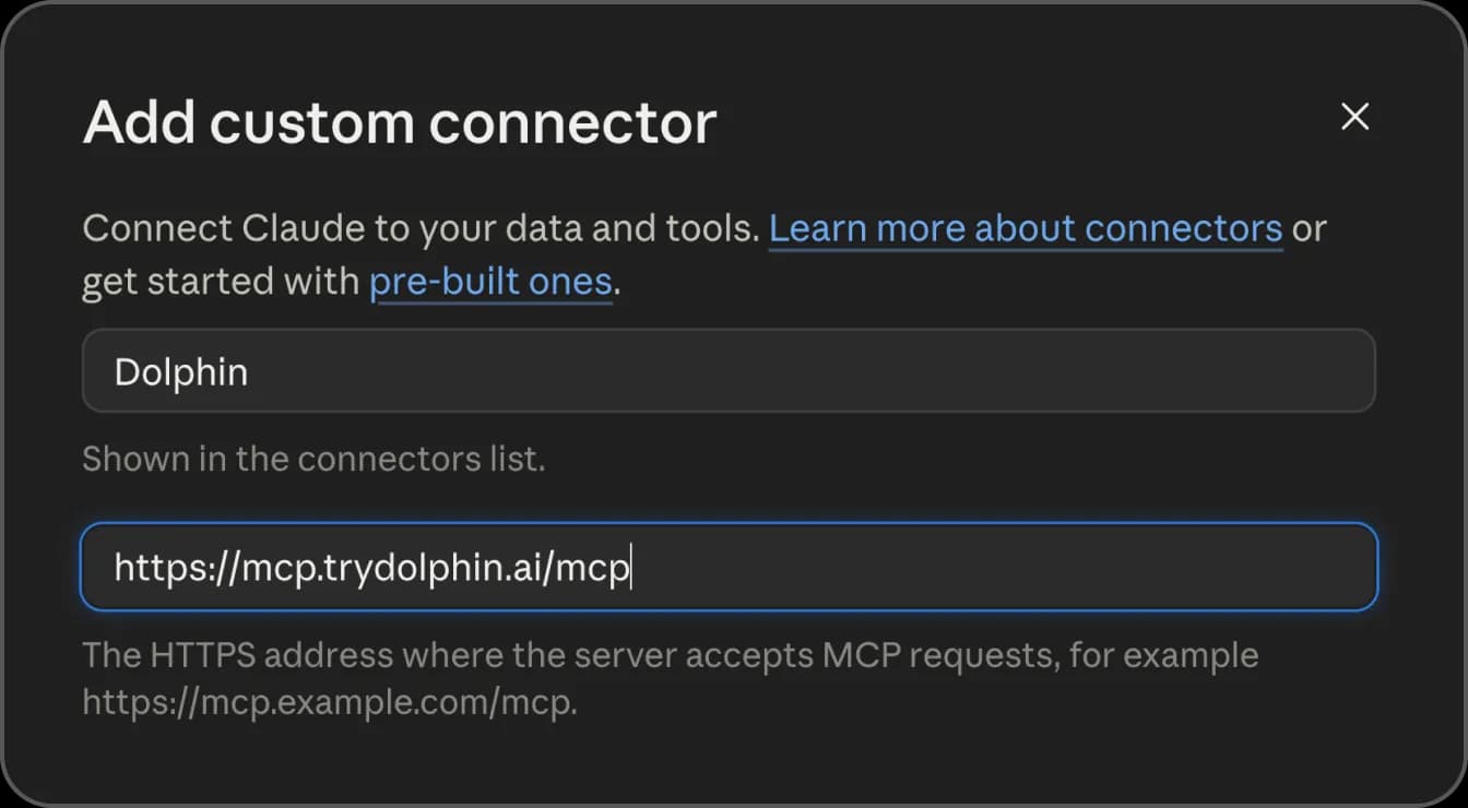 Claude's Add custom connector dialog with the Dolphin AI MCP URL filled in